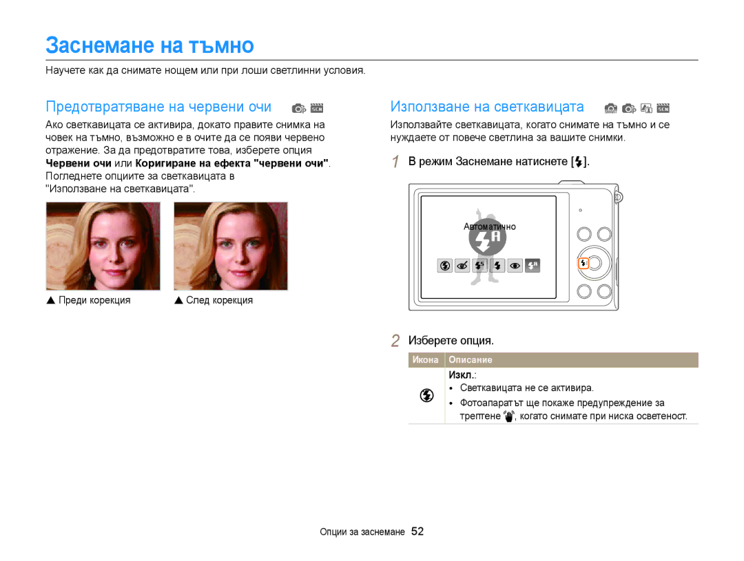 Samsung EC-ST88ZZBPWE3 Заснемане на тъмно, Режим Заснемане натиснете F, Червени очи или Коригиране на ефекта червени очи 