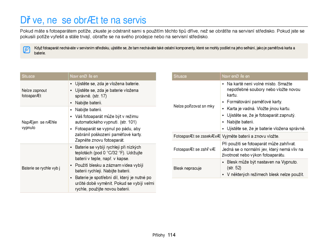 Samsung EC-ST88ZZBPBE3, EC-ST88ZZFPBE3, EC-ST88ZZBPWE3, EC-ST88ZZFPWE3 manual Dříve, než se obrátíte na servis 