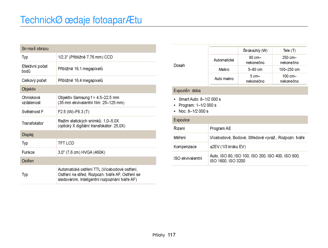 Samsung EC-ST88ZZFPWE3, EC-ST88ZZFPBE3, EC-ST88ZZBPWE3, EC-ST88ZZBPBE3 manual Technické údaje fotoaparátu, Snímač obrazu 