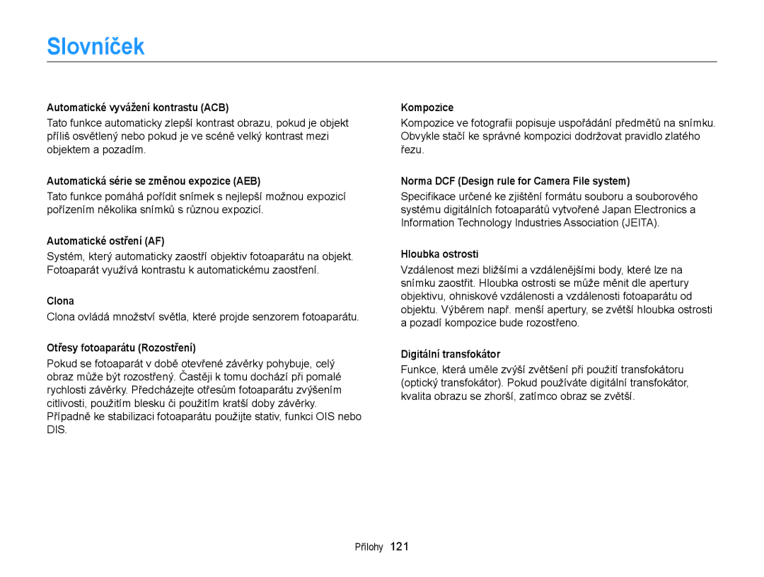 Samsung EC-ST88ZZFPWE3, EC-ST88ZZFPBE3, EC-ST88ZZBPWE3, EC-ST88ZZBPBE3 manual Slovníček 