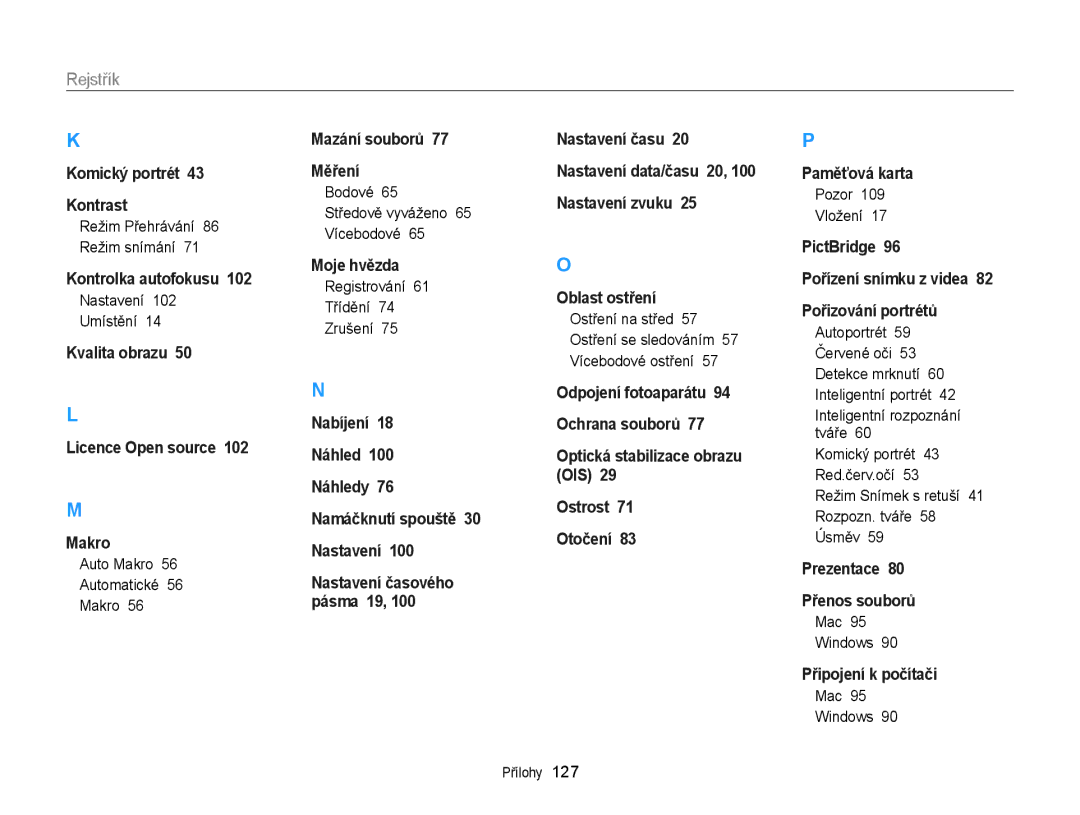 Samsung EC-ST88ZZFPBE3, EC-ST88ZZBPWE3, EC-ST88ZZFPWE3, EC-ST88ZZBPBE3 manual Rejstřík 