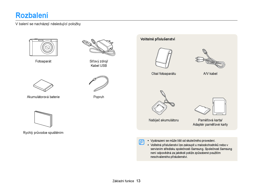 Samsung EC-ST88ZZFPWE3, EC-ST88ZZFPBE3, EC-ST88ZZBPWE3, EC-ST88ZZBPBE3 manual Rozbalení, Volitelné příslušenství 