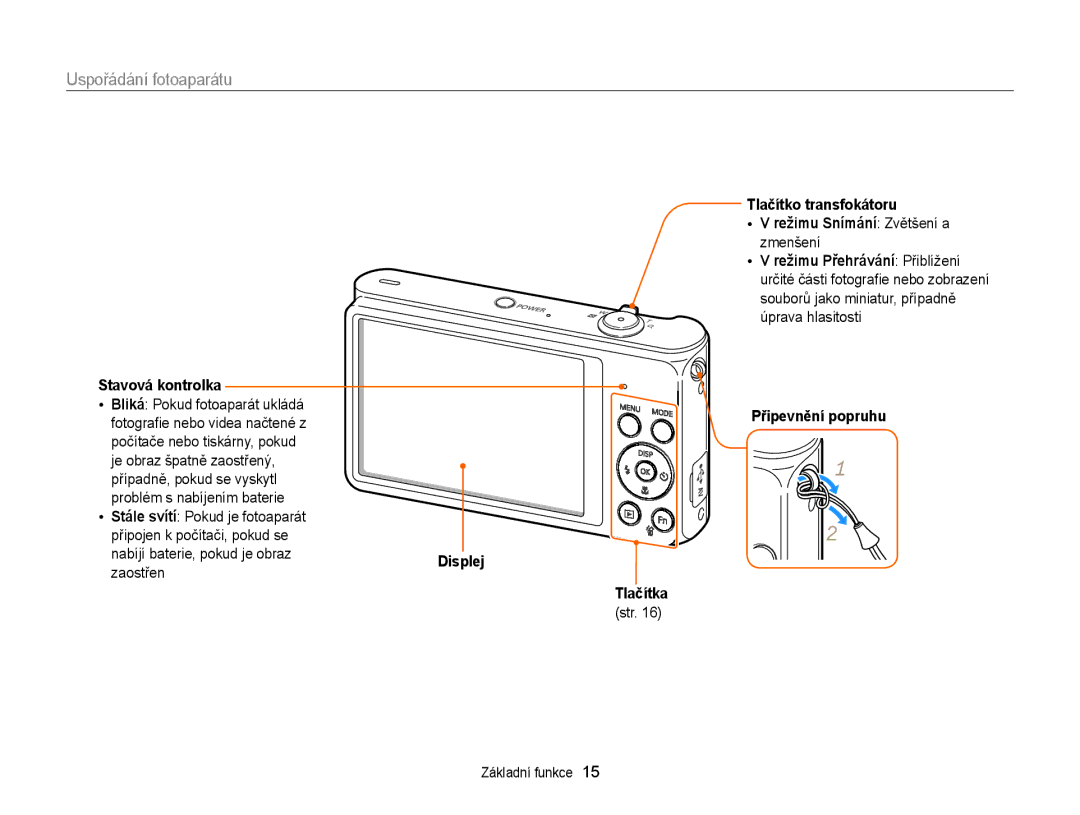 Samsung EC-ST88ZZFPBE3 manual Uspořádání fotoaparátu, Stavová kontrolka, Displej Tlačítka, Str, Připevnění popruhu 