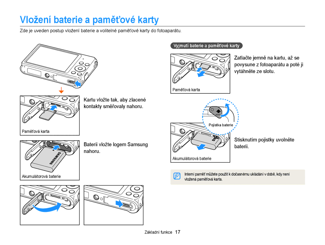 Samsung EC-ST88ZZFPWE3, EC-ST88ZZFPBE3, EC-ST88ZZBPWE3 Vložení baterie a paměťové karty, Vyjmutí baterie a paměťové karty 