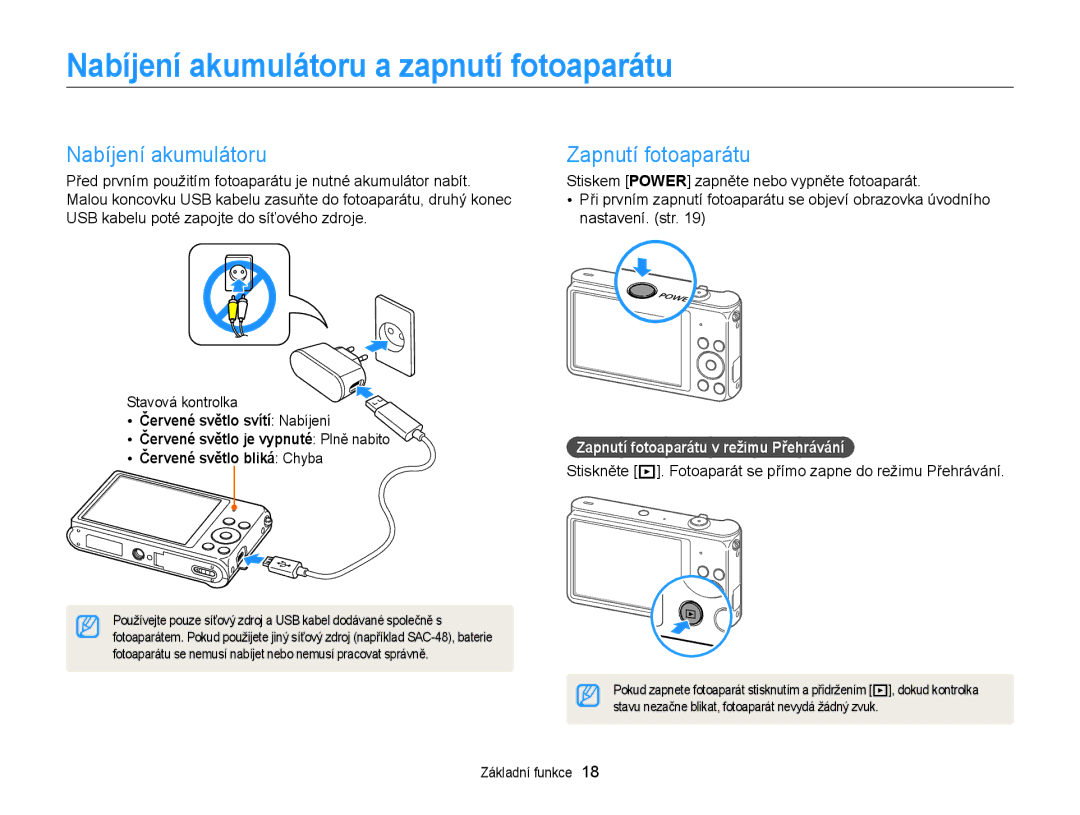 Samsung EC-ST88ZZBPBE3, EC-ST88ZZFPBE3, EC-ST88ZZBPWE3 manual Nabíjení akumulátoru a zapnutí fotoaparátu, Zapnutí fotoaparátu 