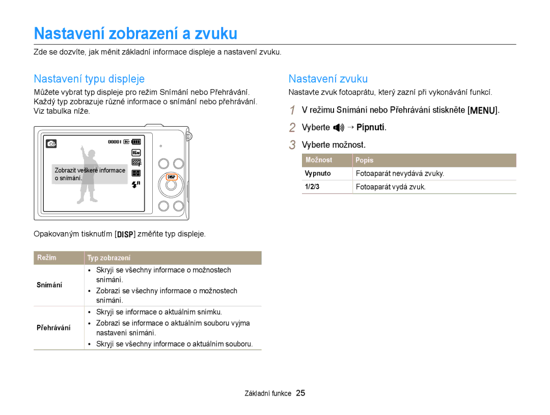 Samsung EC-ST88ZZFPWE3 Nastavení zobrazení a zvuku, Nastavení typu displeje, Nastavení zvuku, Fotoaparát nevydává zvuky 