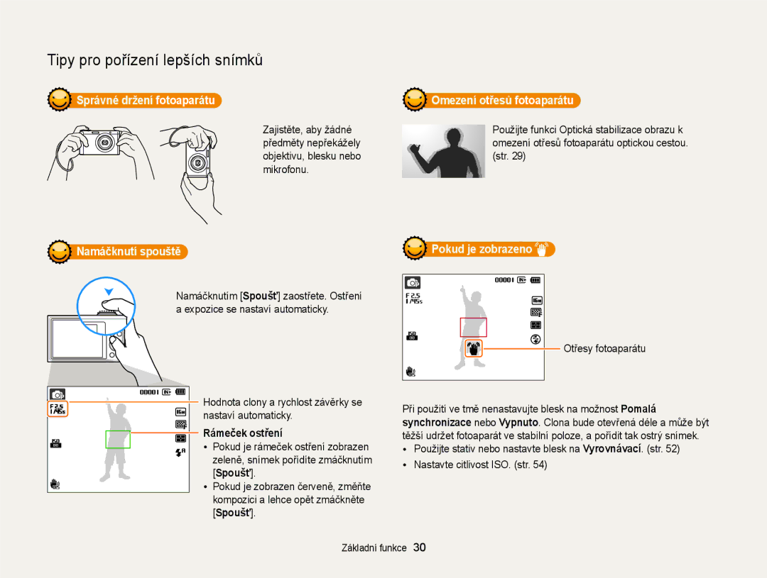 Samsung EC-ST88ZZBPBE3 Správné držení fotoaparátu, Namáčknutí spouště, Omezení otřesů fotoaparátu, Pokud je zobrazeno 