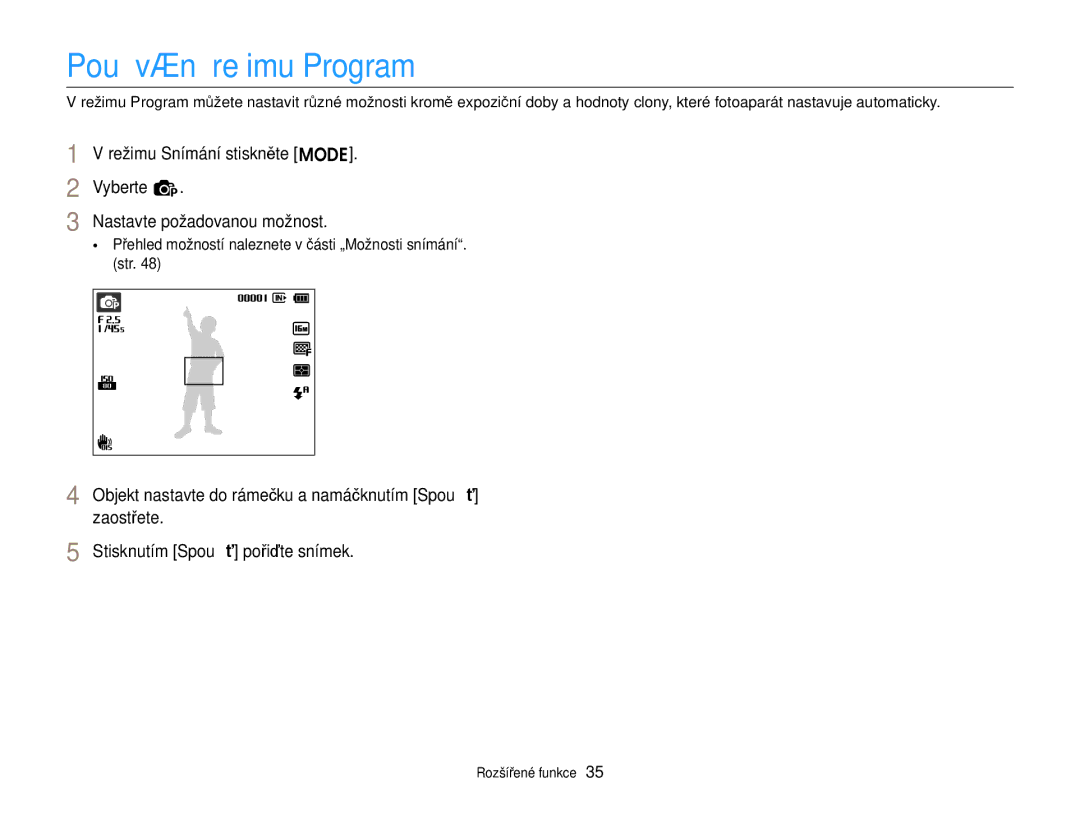 Samsung EC-ST88ZZFPBE3, EC-ST88ZZBPWE3 Používání režimu Program, Přehled možností naleznete v části „Možnosti snímání. str 
