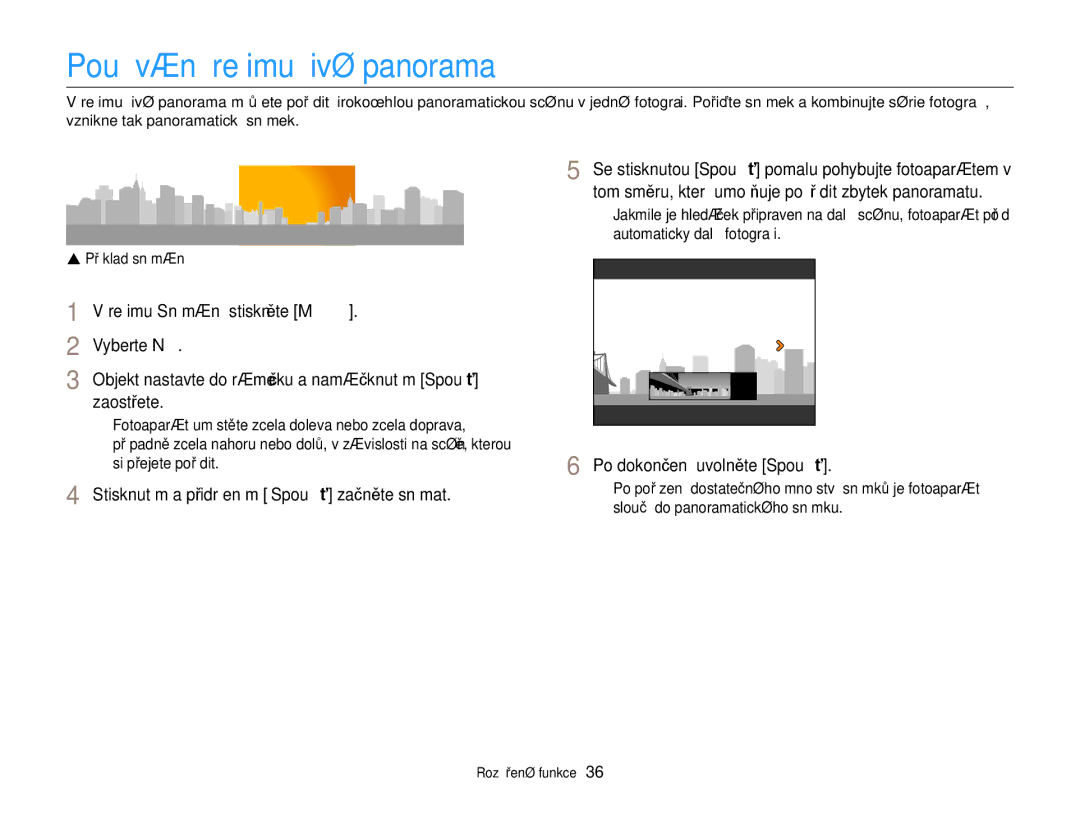 Samsung EC-ST88ZZBPWE3, EC-ST88ZZFPBE3 manual Používání režimu Živé panorama, Stisknutím a přidržením Spoušť začněte snímat 