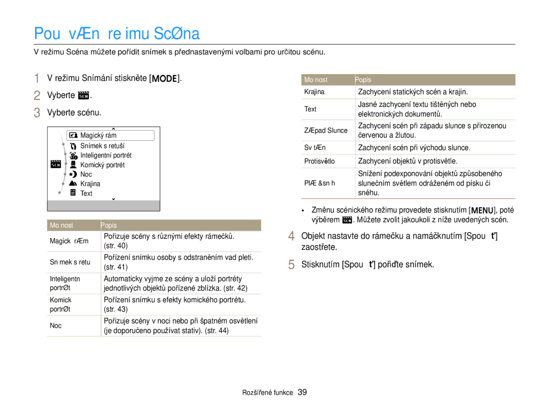 Samsung EC-ST88ZZFPBE3, EC-ST88ZZBPWE3 manual Používání režimu Scéna, Režimu Snímání stiskněte M Vyberte s Vyberte scénu 