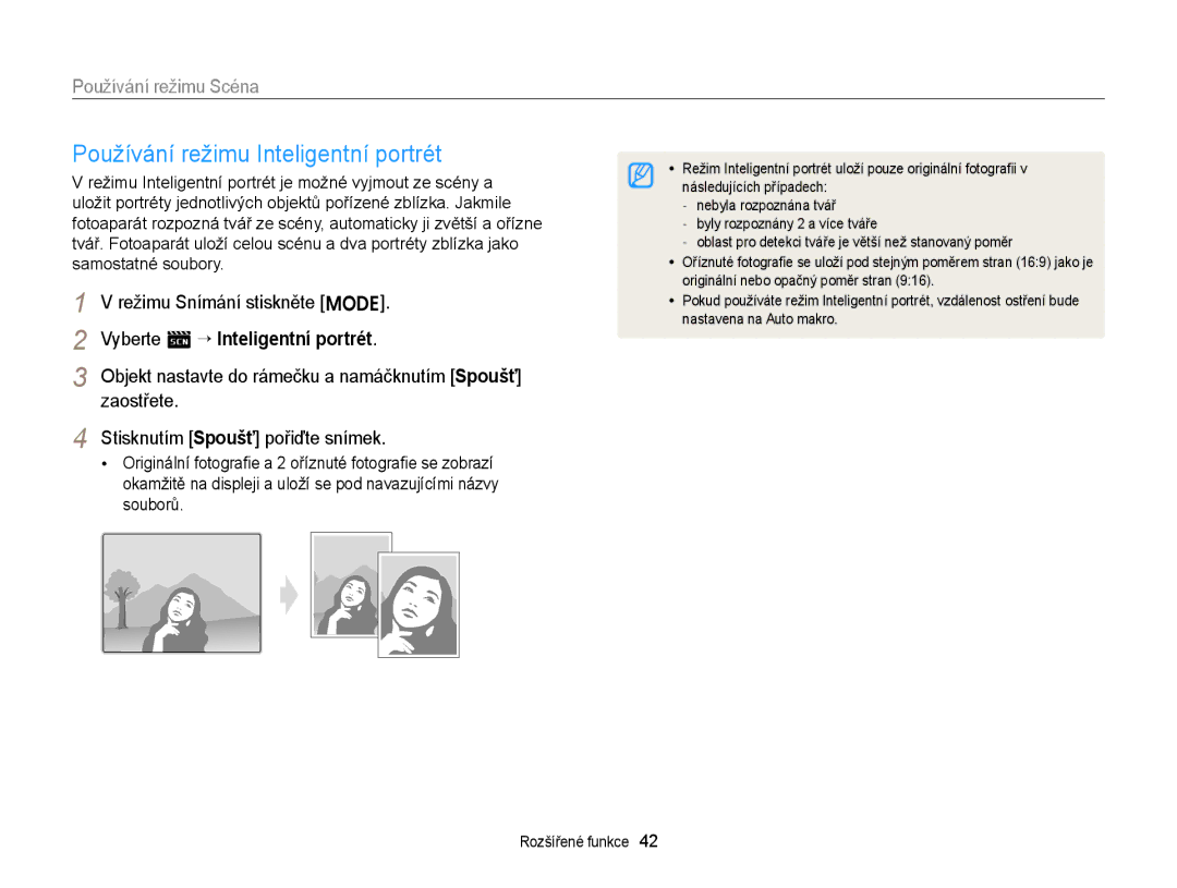 Samsung EC-ST88ZZBPBE3 Používání režimu Inteligentní portrét, Režimu Snímání stiskněte M, Vyberte s “ Inteligentní portrét 