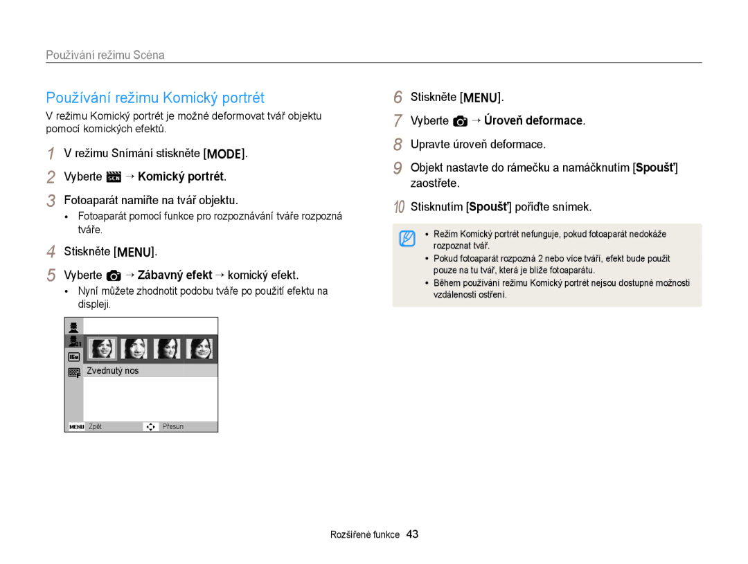 Samsung EC-ST88ZZFPBE3 manual Používání režimu Komický portrét, Režimu Snímání stiskněte M Vyberte s “ Komický portrét 