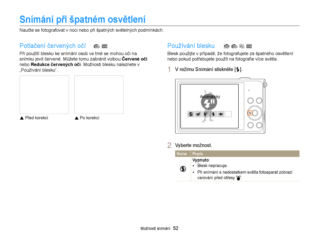 Samsung EC-ST88ZZBPWE3 manual Snímání při špatném osvětlení, Potlačení červených očí p s, Používání blesku S p d s, Vypnuto 