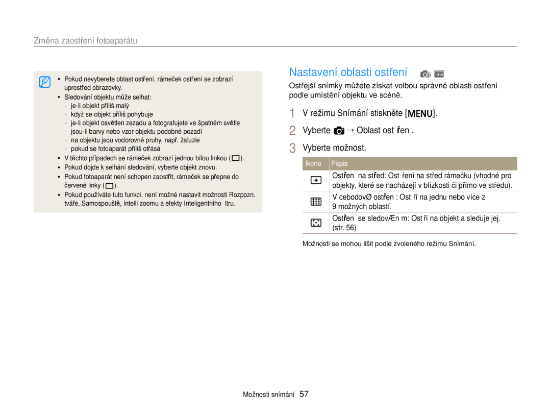 Samsung EC-ST88ZZFPWE3 manual Nastavení oblasti ostření p s, Režimu Snímání stiskněte m Vyberte a “ Oblast ostření 