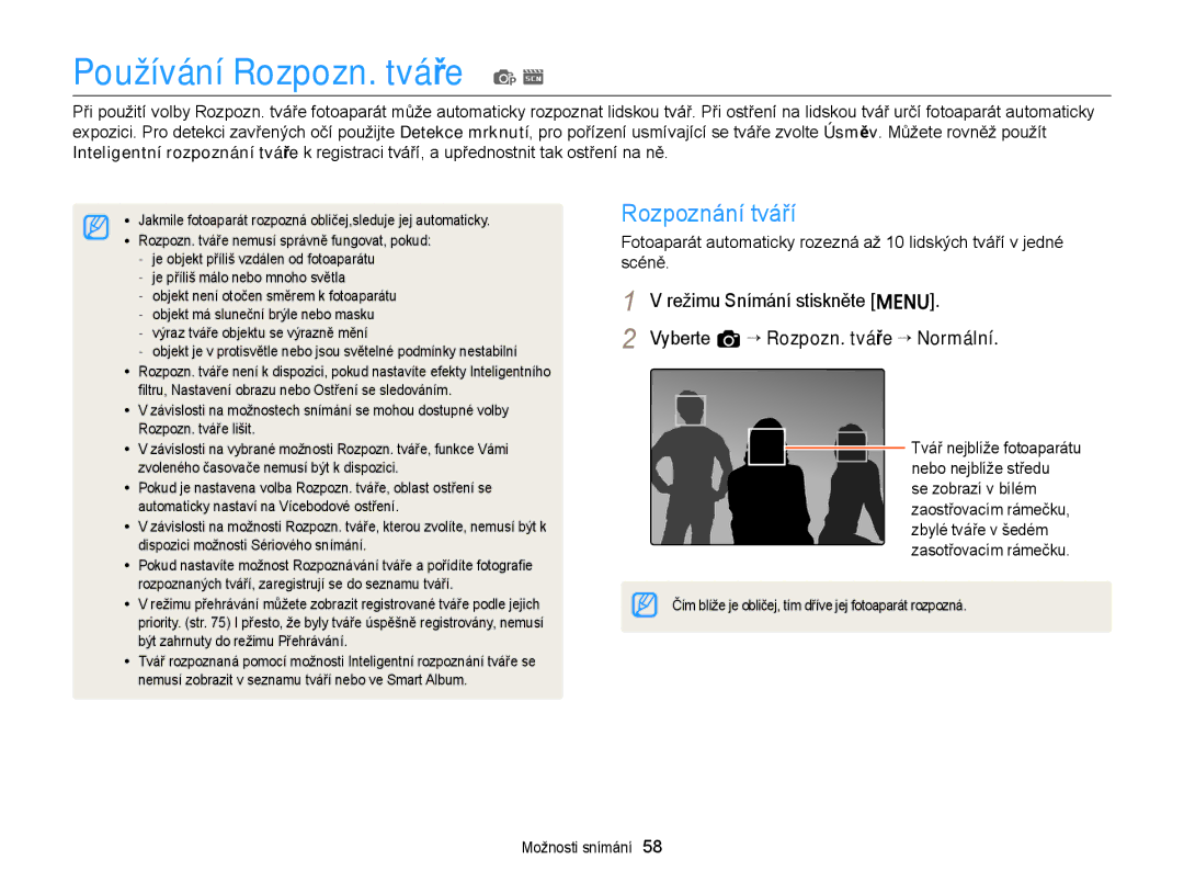 Samsung EC-ST88ZZBPBE3 manual Používání Rozpozn. tváře p s, Rozpoznání tváří, Vyberte a “ Rozpozn. tváře “ Normální 