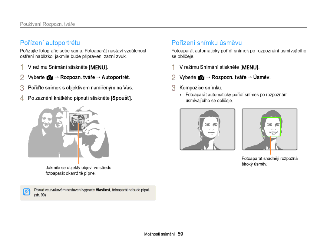 Samsung EC-ST88ZZFPBE3, EC-ST88ZZBPWE3 manual Pořízení autoportrétu, Pořízení snímku úsměvu, Používání Rozpozn. tváře 