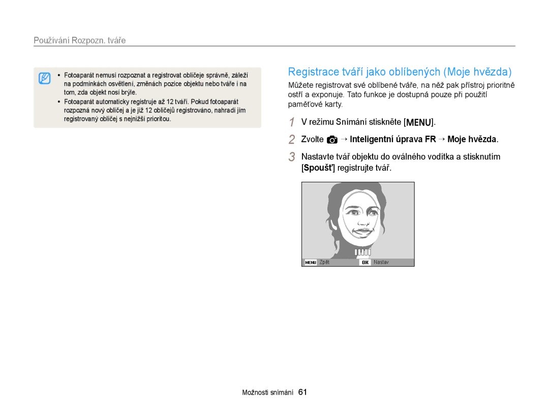 Samsung EC-ST88ZZFPWE3, EC-ST88ZZFPBE3 manual Registrace tváří jako oblíbených Moje hvězda, Spoušť registrujte tvář 