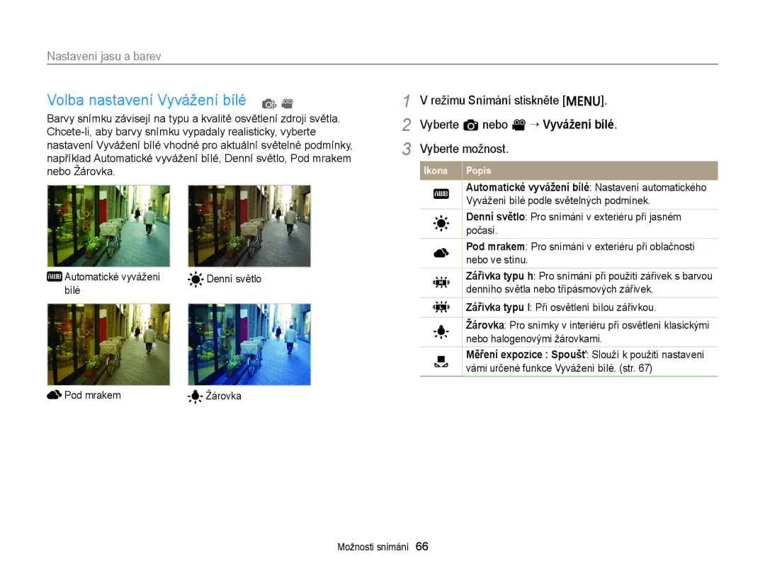 Samsung EC-ST88ZZBPBE3, EC-ST88ZZFPBE3, EC-ST88ZZBPWE3 manual Volba nastavení Vyvážení bílé p, Denní světlo, Bílé, Pod mrakem 