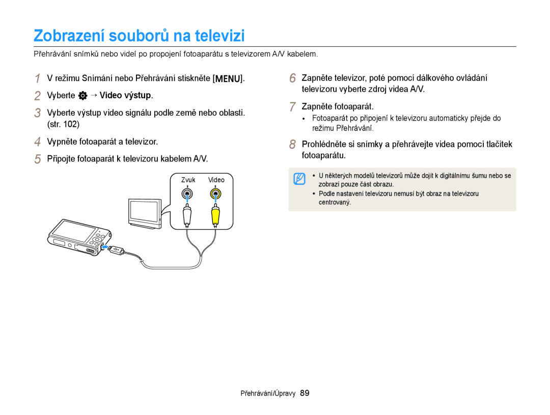 Samsung EC-ST88ZZFPWE3 manual Zobrazení souborů na televizi, Vyberte n “ Video výstup, Str, Vypněte fotoaparát a televizor 