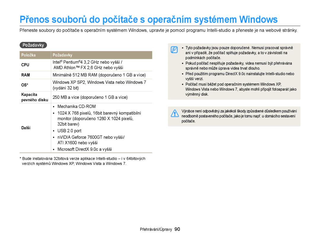 Samsung EC-ST88ZZBPBE3, EC-ST88ZZFPBE3, EC-ST88ZZBPWE3 Přenos souborů do počítače s operačním systémem Windows, Požadavky 