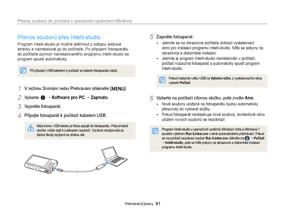 Samsung EC-ST88ZZFPBE3 manual Přenos souborů přes Intelli-studio, Přenos souborů do počítače s operačním systémem Windows 