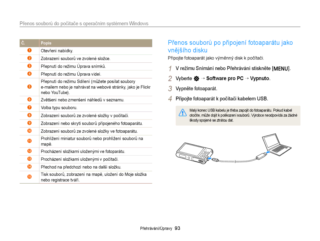 Samsung EC-ST88ZZFPWE3, EC-ST88ZZFPBE3, EC-ST88ZZBPWE3 manual Přenos souborů po připojení fotoaparátu jako vnějšího disku 