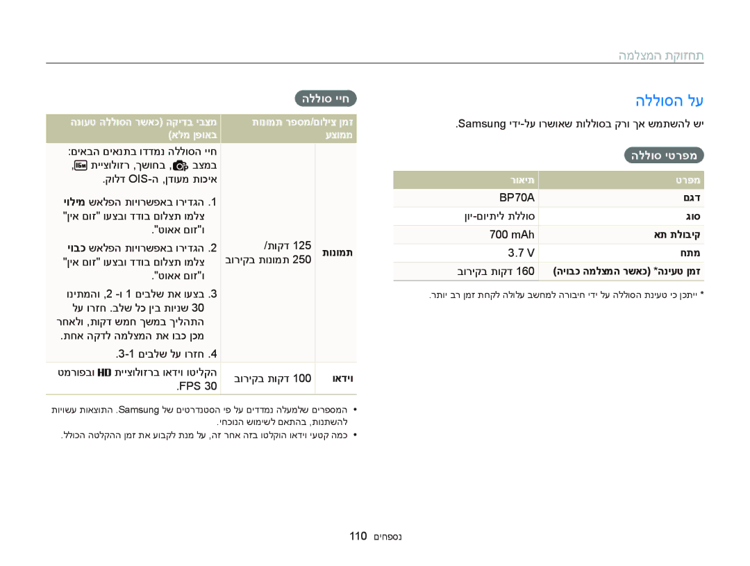 Samsung EC-ST88ZZFPBIL, EC-ST88ZZFPWIL, EC-ST88ZZBPBAE manual הללוסה לע, תחזוקת המצלמה, הללוס ייח, הללוס יטרפמ, רואית טרפמ 