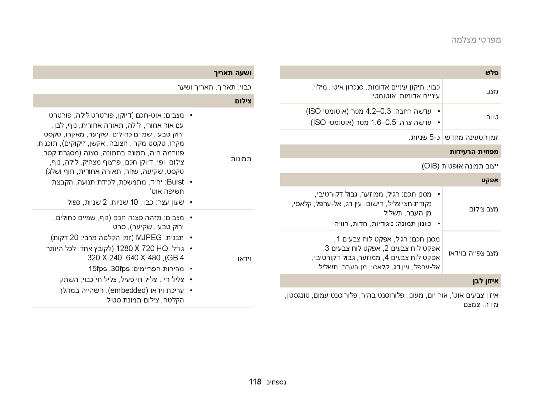 Samsung EC-ST88ZZBPBAE, EC-ST88ZZFPBIL, EC-ST88ZZFPWIL manual המלצמ יטרפמ, ךיראת העשו, תודיערה תיחפמ, ןבל ןוזיא 