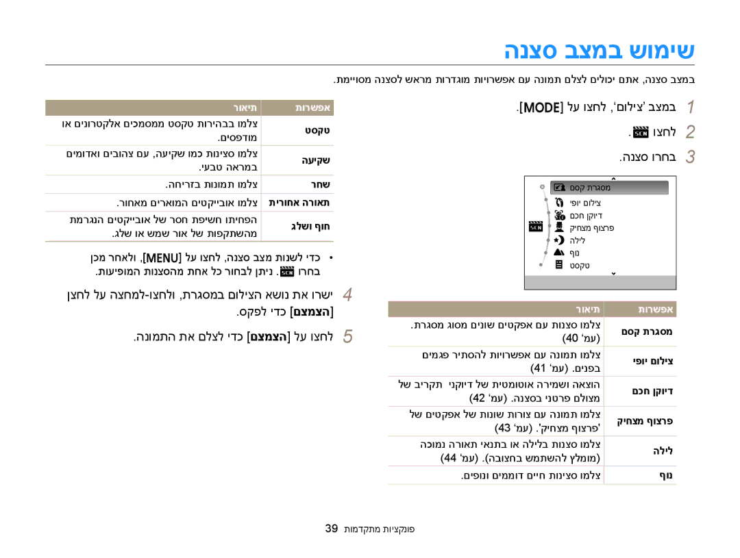 Samsung EC-ST88ZZFPWIL, EC-ST88ZZFPBIL, EC-ST88ZZBPBAE manual הנצס בצמב שומיש, הנצס ורחב, רואית תורשפא 