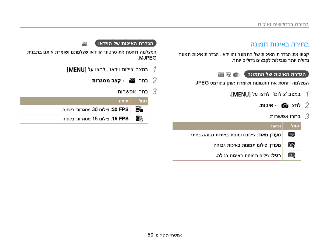 Samsung EC-ST88ZZFPBIL manual הנומת תוכיאב הריחב, תוכיאו היצולוזרב הריחב, לע וצחל ,‘םוליצ’ בצמב תוכיא ← a וצחל תורשפא ורחב 