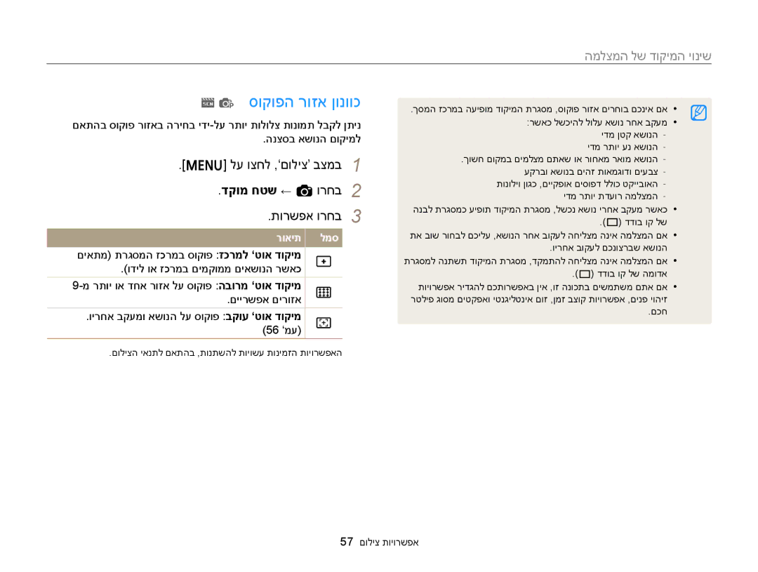 Samsung EC-ST88ZZFPWIL, EC-ST88ZZFPBIL, EC-ST88ZZBPBAE manual סוקופה רוזא ןונווכ, דקומ חטש ← a ורחב 