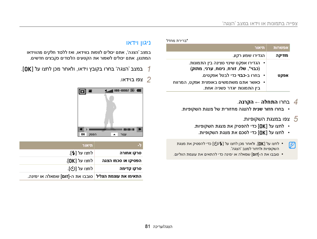 Samsung EC-ST88ZZFPWIL manual ואדיו ןוגינ, לע וצחל ןכמ רחאלו ,ואדיו ץבוקב ורחב ‘הגצה’ בצמב ואדיוב ופצ, הנרקה ← הלחתה ורחב 