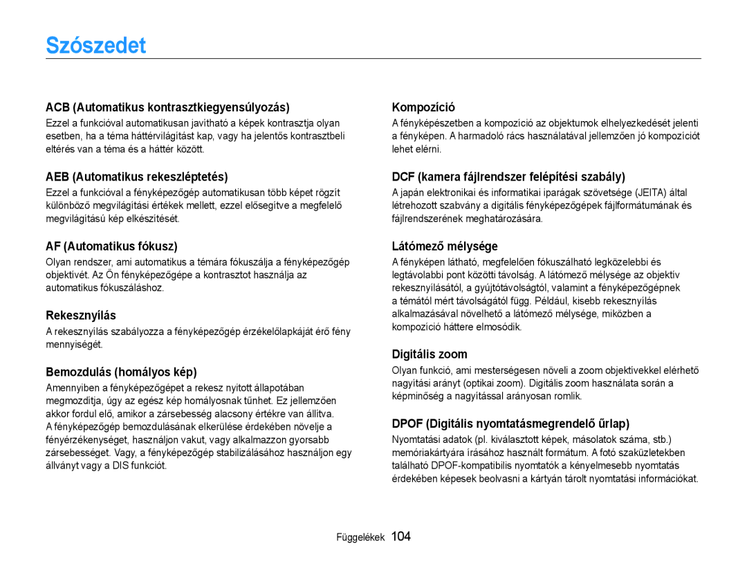 Samsung EC-ST90ZZBPSE3, EC-ST90ZZBPBE1, EC-ST90ZZBPLE3, EC-ST90ZZBPUE3 manual Szószedet 