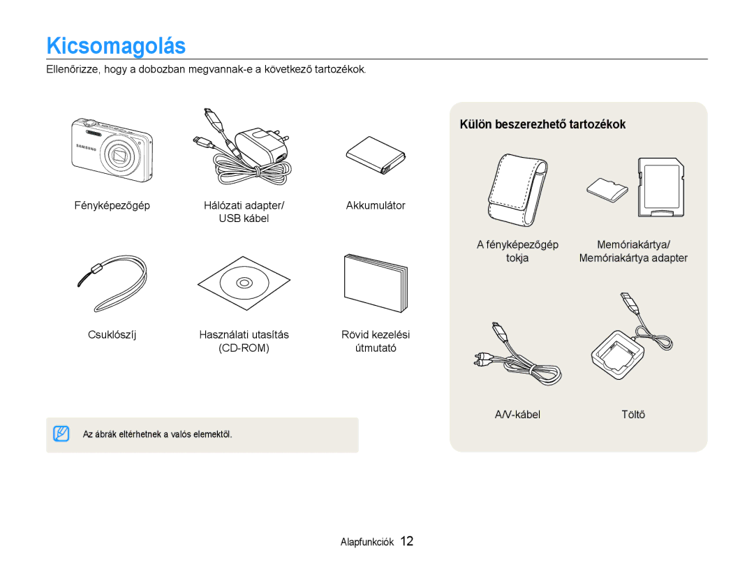 Samsung EC-ST90ZZBPSE3, EC-ST90ZZBPBE1, EC-ST90ZZBPLE3, EC-ST90ZZBPUE3 manual Kicsomagolás, Külön beszerezhető tartozékok 