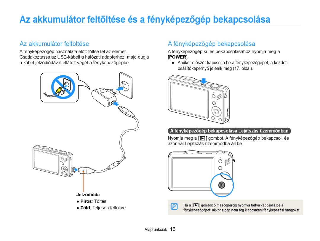 Samsung EC-ST90ZZBPSE3 Az akkumulátor feltöltése és a fényképezőgép bekapcsolása, Fényképezőgép bekapcsolása, Jelződióda 