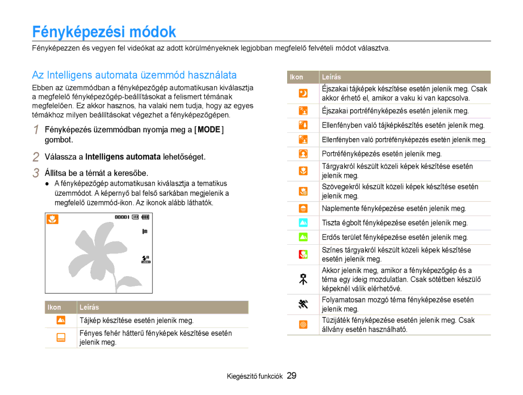 Samsung EC-ST90ZZBPLE3 Fényképezési módok, Az Intelligens automata üzemmód használata, Tájkép készítése esetén jelenik meg 