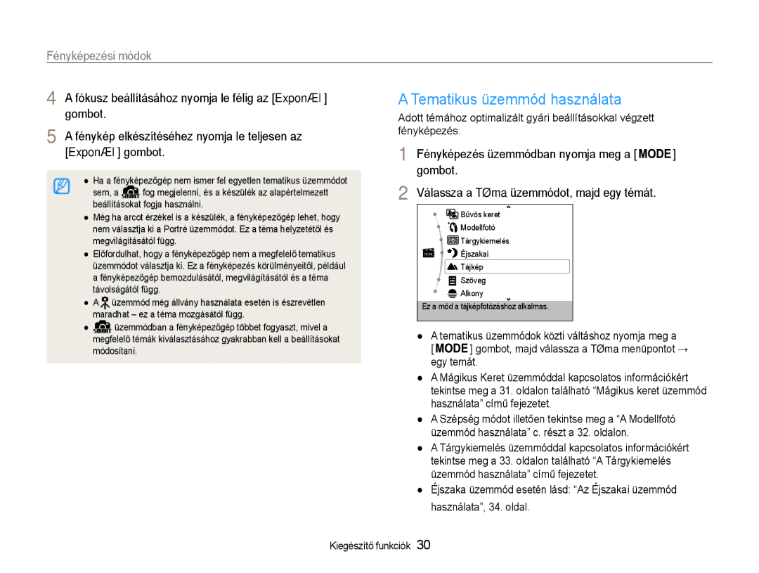 Samsung EC-ST90ZZBPUE3 Tematikus üzemmód használata, Fényképezési módok, Fókusz beállításához nyomja le félig az Exponáló 