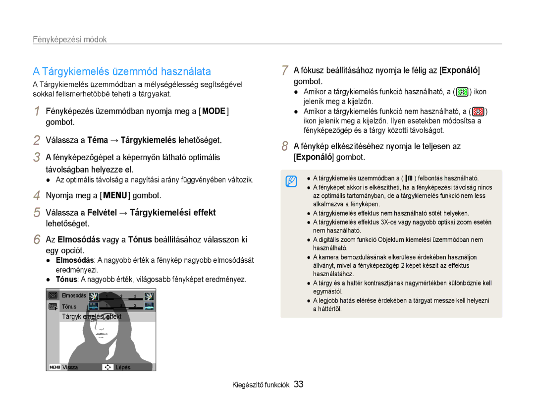 Samsung EC-ST90ZZBPLE3, EC-ST90ZZBPBE1 manual Tárgykiemelés üzemmód használata, Fényképezés üzemmódban nyomja meg a Gombot 