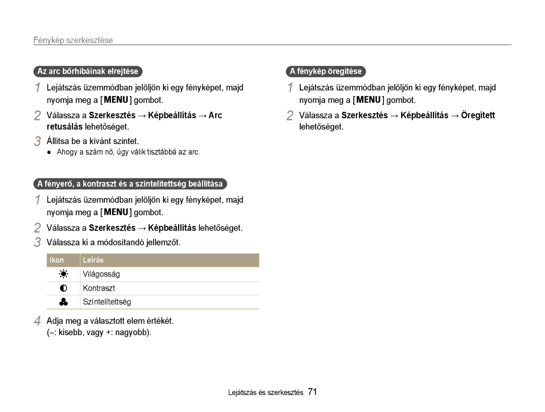 Samsung EC-ST90ZZBPBE1 manual Válassza a Szerkesztés → Képbeállítás → Arc, Lehetőséget Állítsa be a kívánt szintet 