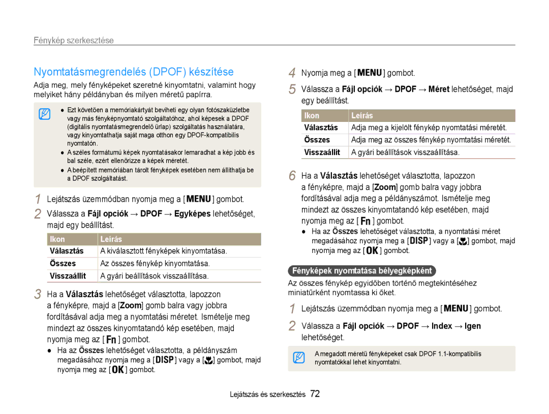 Samsung EC-ST90ZZBPSE3 manual Nyomtatásmegrendelés Dpof készítése, Ha a Választás lehetőséget választotta, lapozzon 