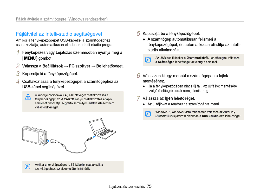 Samsung EC-ST90ZZBPBE1 Fájlátvitel az Intelli-studio segítségével, Fájlok átvitele a számítógépre Windows rendszerben 