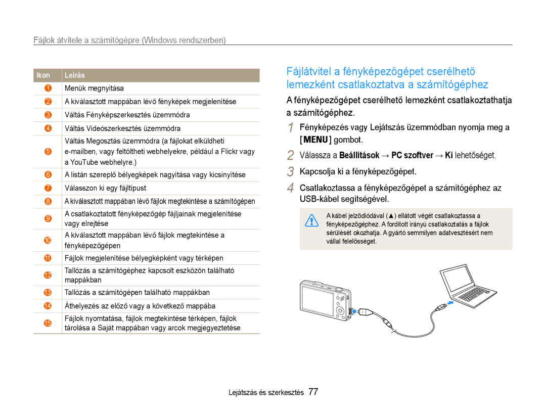 Samsung EC-ST90ZZBPLE3, EC-ST90ZZBPBE1, EC-ST90ZZBPSE3 manual Kapcsolja ki a fényképezőgépet, USB-kábel segítségével 