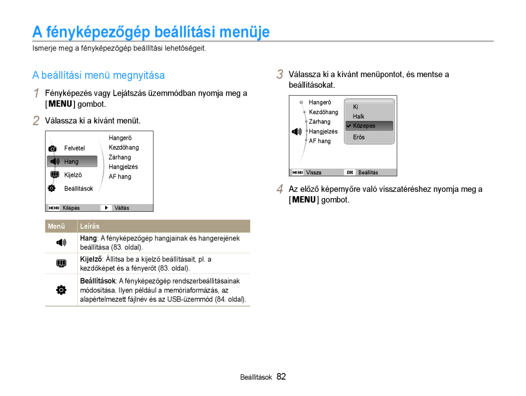 Samsung EC-ST90ZZBPUE3, EC-ST90ZZBPBE1, EC-ST90ZZBPSE3 manual Fényképezőgép beállítási menüje, Beállítási menü megnyitása 