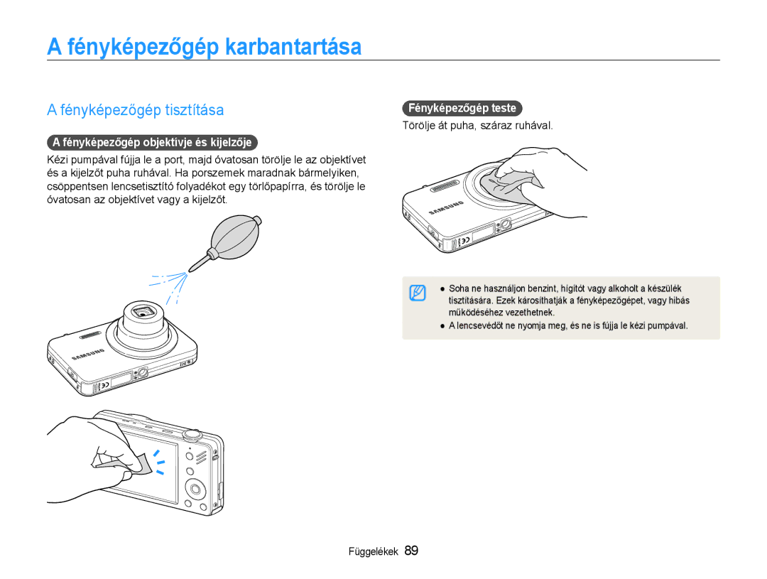 Samsung EC-ST90ZZBPLE3 manual Fényképezőgép karbantartása, Fényképezőgép tisztítása, Fényképezőgép objektívje és kijelzője 