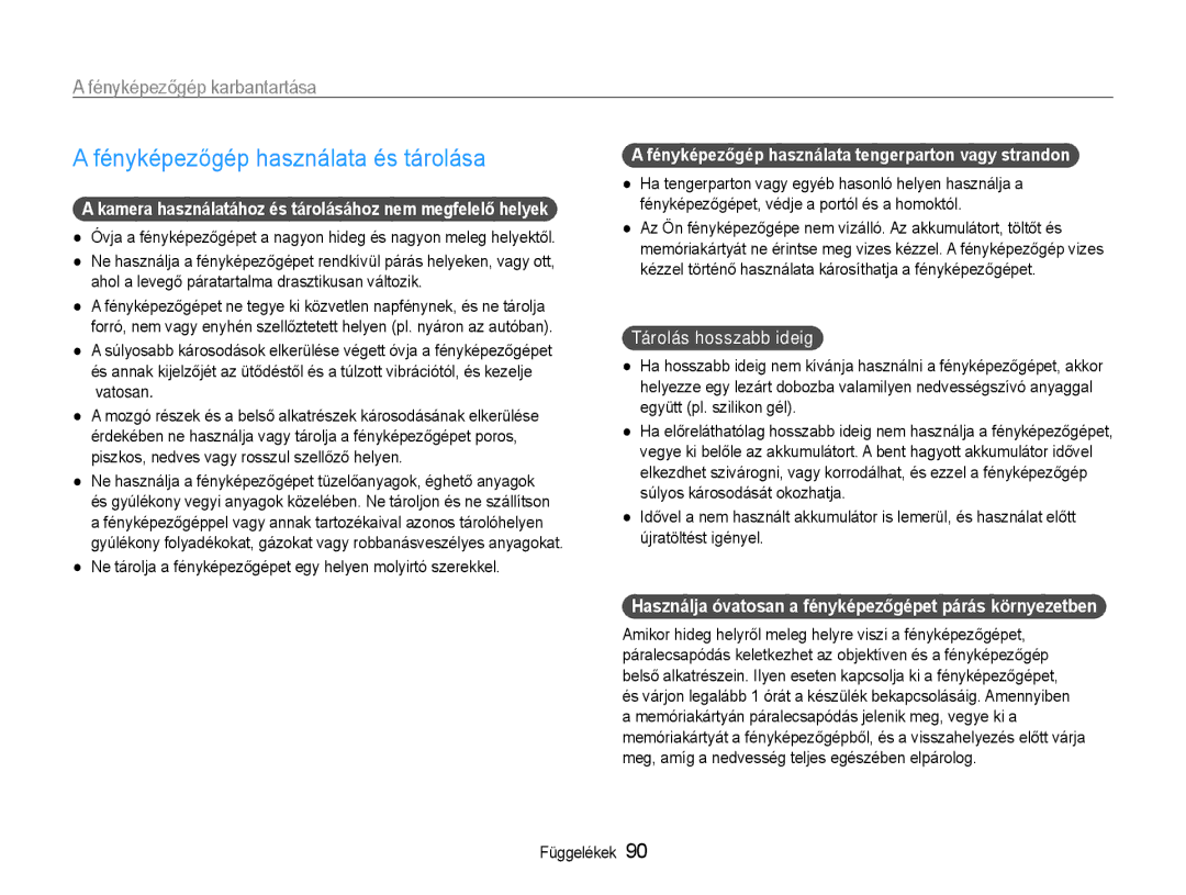 Samsung EC-ST90ZZBPUE3, EC-ST90ZZBPBE1, EC-ST90ZZBPSE3 Fényképezőgép használata és tárolása, Fényképezőgép karbantartása 