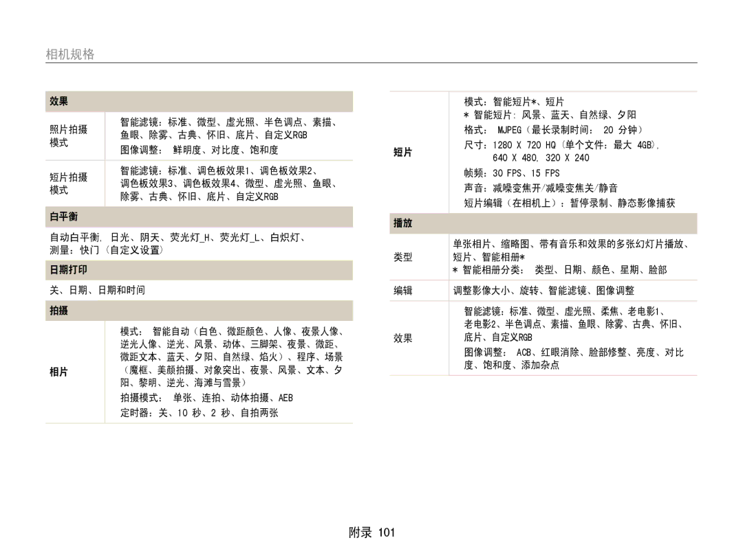 Samsung EC-ST90ZZBPLE3, EC-ST90ZZBPBE1, EC-ST90ZZBPSE3, EC-ST90ZZBPUE3 manual 相机规格 