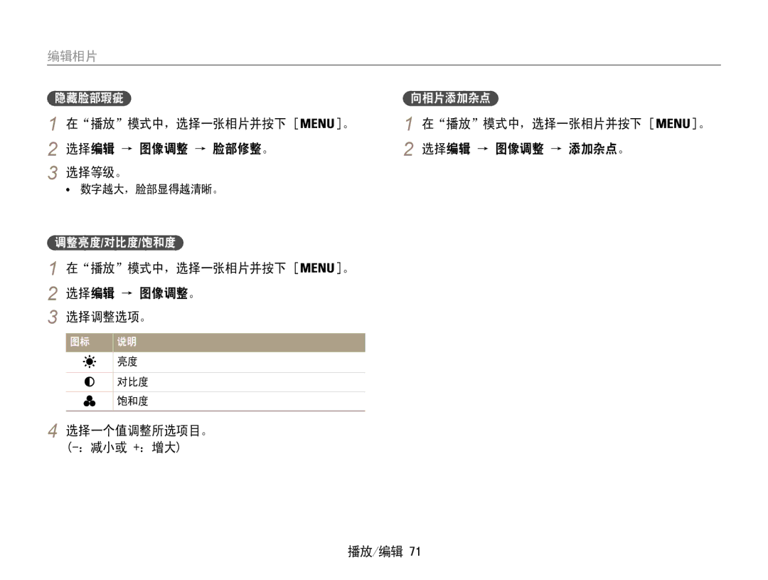 Samsung EC-ST90ZZBPBE1 manual 在播放模式中，选择一张相片并按下 选择编辑 → 图像调整。 选择调整选项。, 选择一个值调整所选项目。 ﻿ -：减小或 +：增大 播放/编辑, 调整亮度/对比度/饱和度 