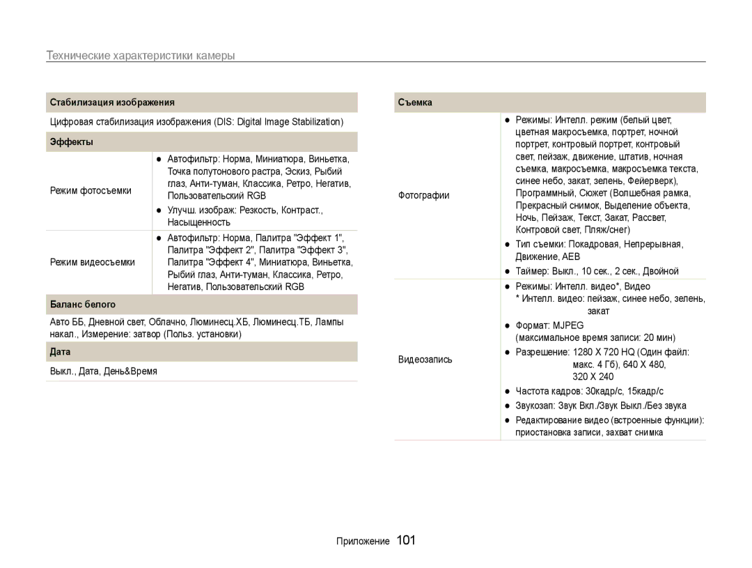 Samsung EC-ST90ZZBPLRU, EC-ST90ZZBPSE2, EC-ST90ZZBPRE2, EC-ST90ZZBPSRU, EC-ST90ZZBPPRU manual Технические характеристики камеры 