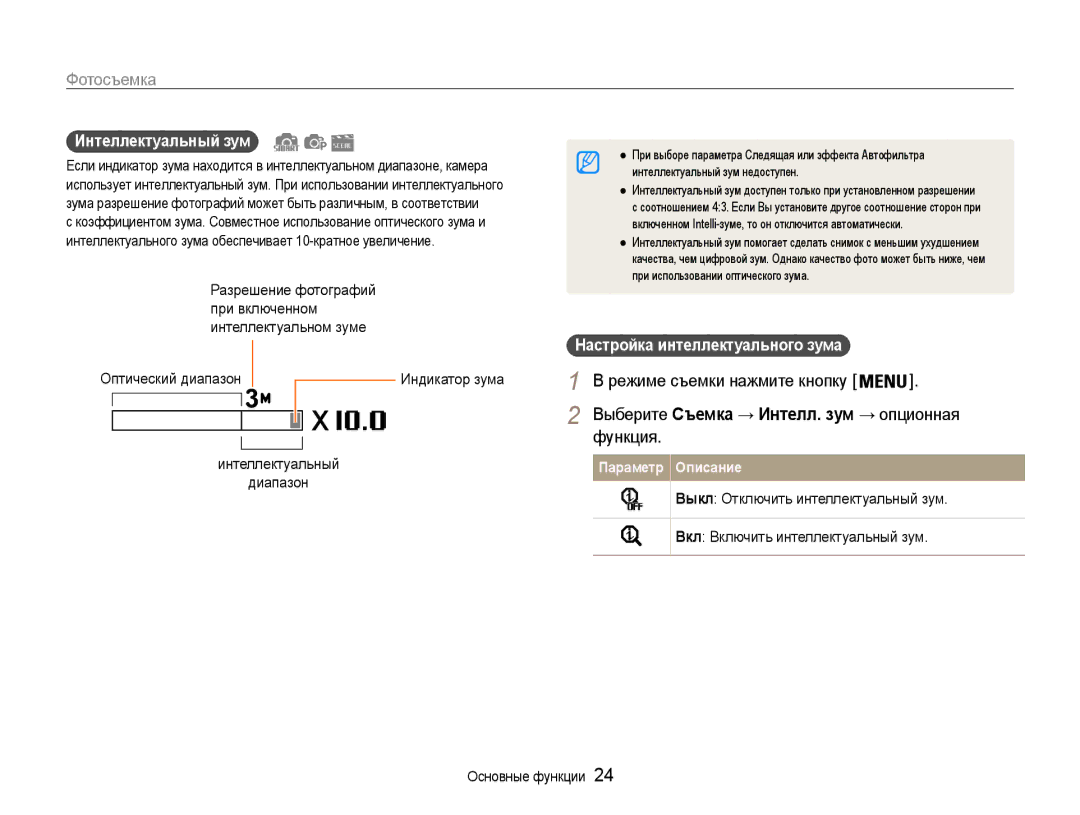 Samsung EC-ST90ZZBPRRU, EC-ST90ZZBPSE2, EC-ST90ZZBPRE2 manual Функция, Интеллектуальный зум, Интеллектуальный Диапазон 