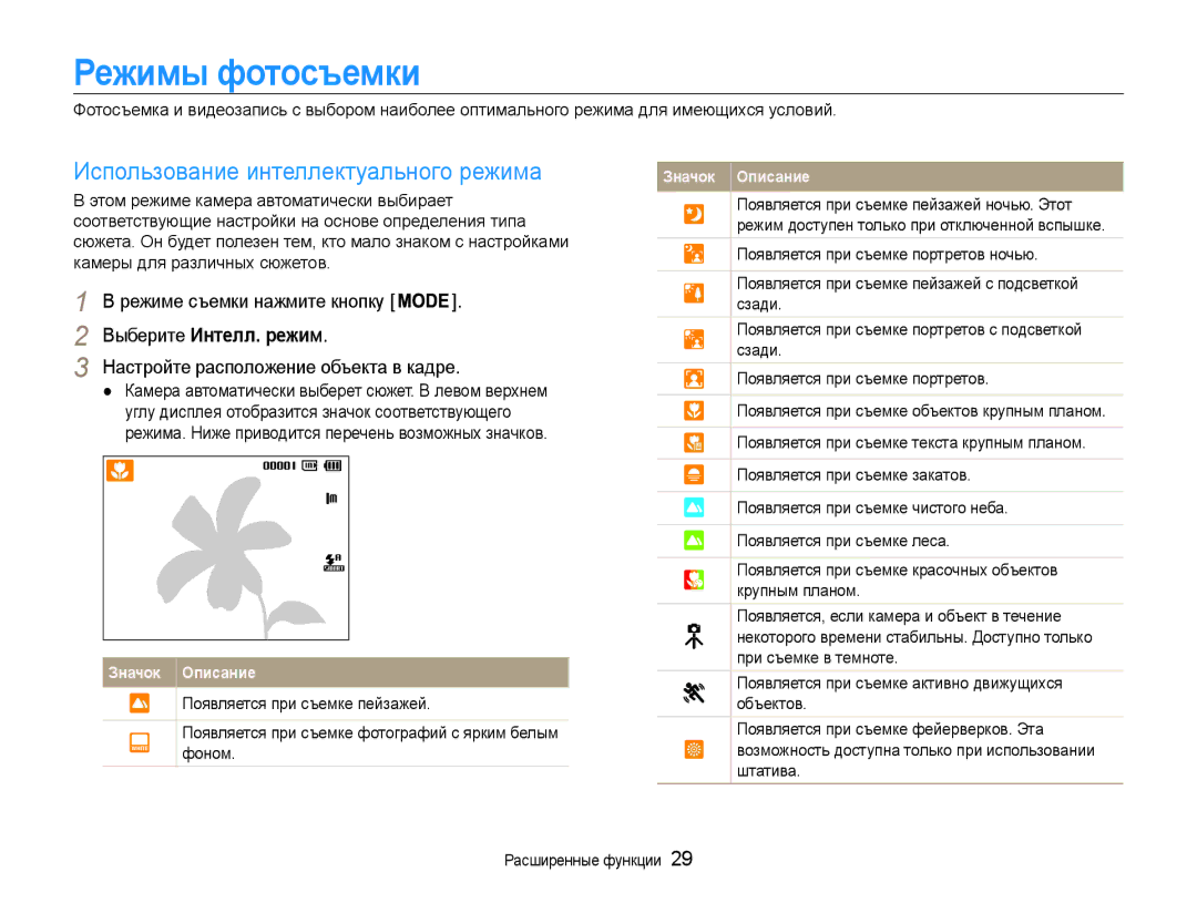 Samsung EC-ST90ZZBPSE2, EC-ST90ZZBPRE2 Режимы фотосъемки, Использование интеллектуального режима, Выберите Интелл. режим 